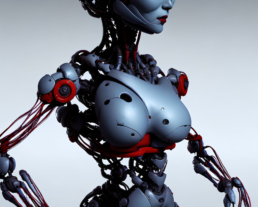 Detailed humanoid robot with exposed wiring and red-grey design