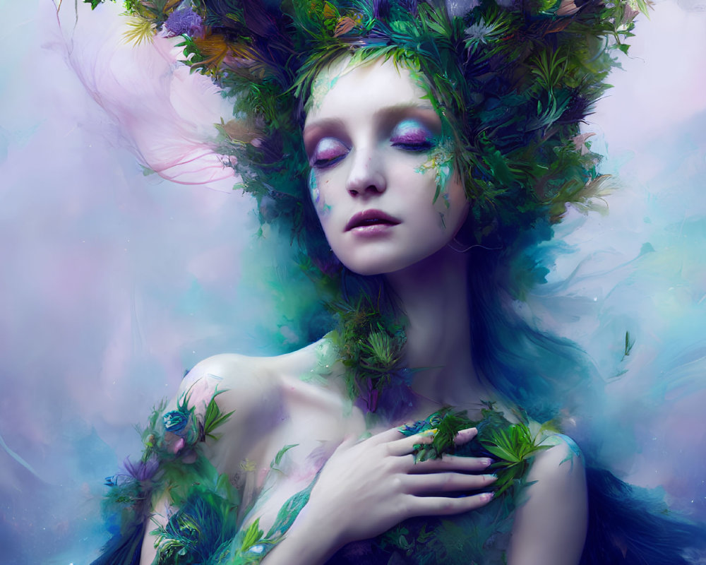 Woman with floral crown and plants on body in mystical setting