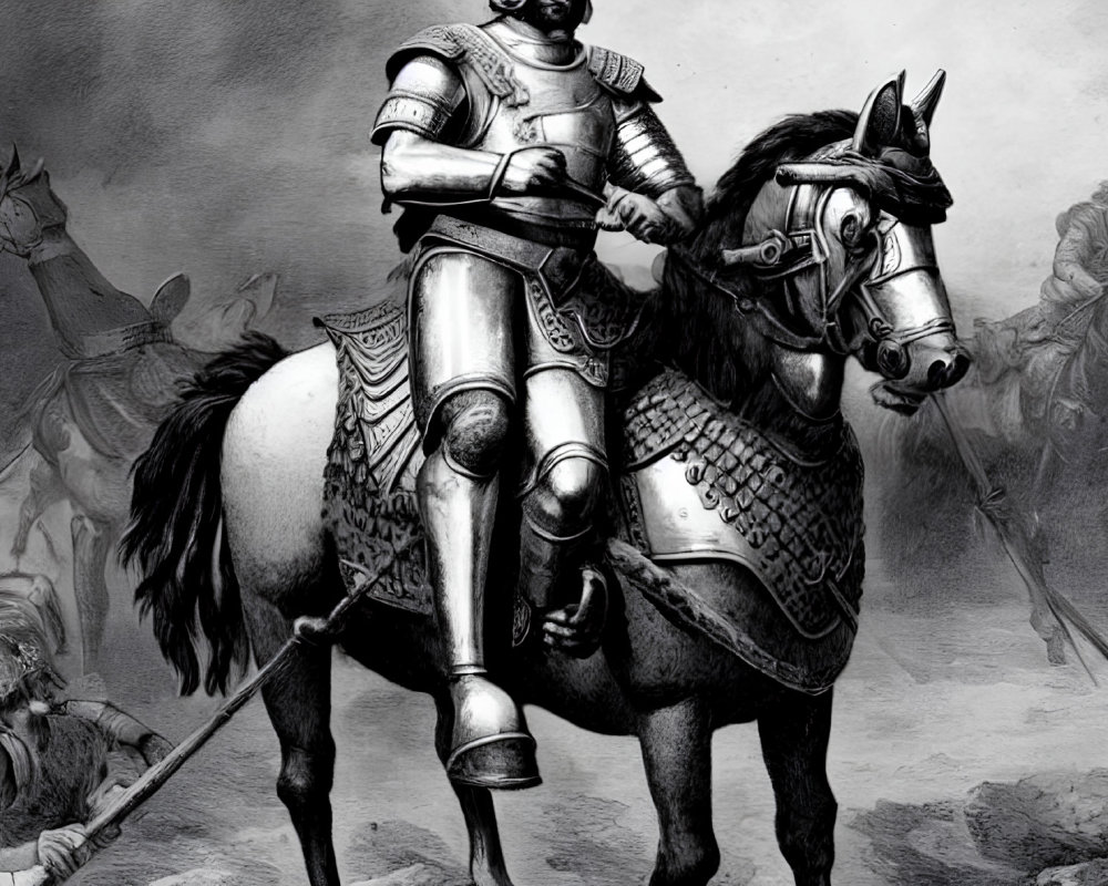 Detailed Black and White Knight on Armored Horse Illustration