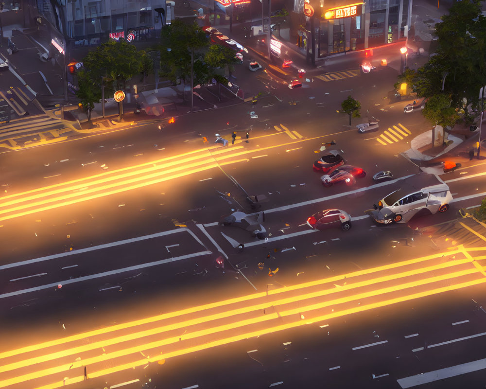 Busy urban intersection at dusk with glowing car light trails