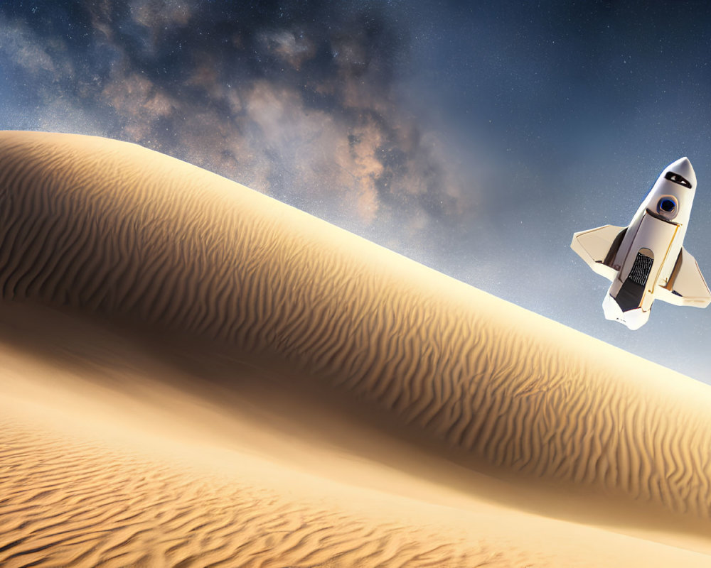 Spacecraft ascending against starry sky over desert planet dunes