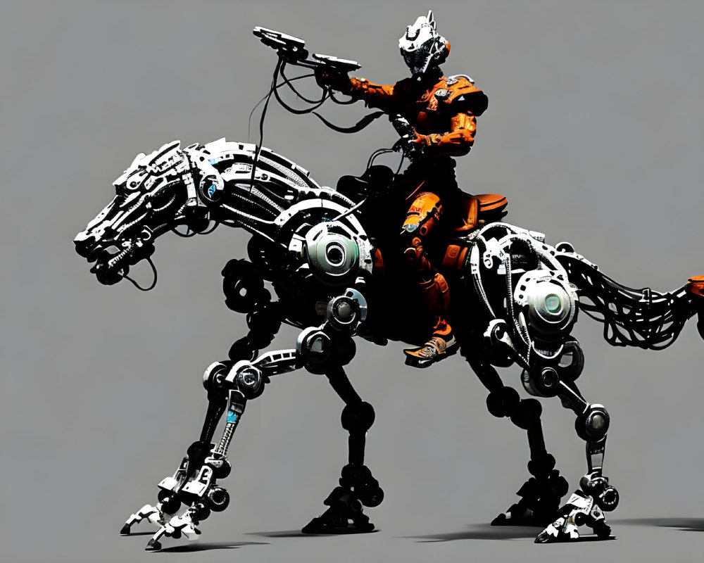 Futuristic rider in orange armor on robotic horse against grey background