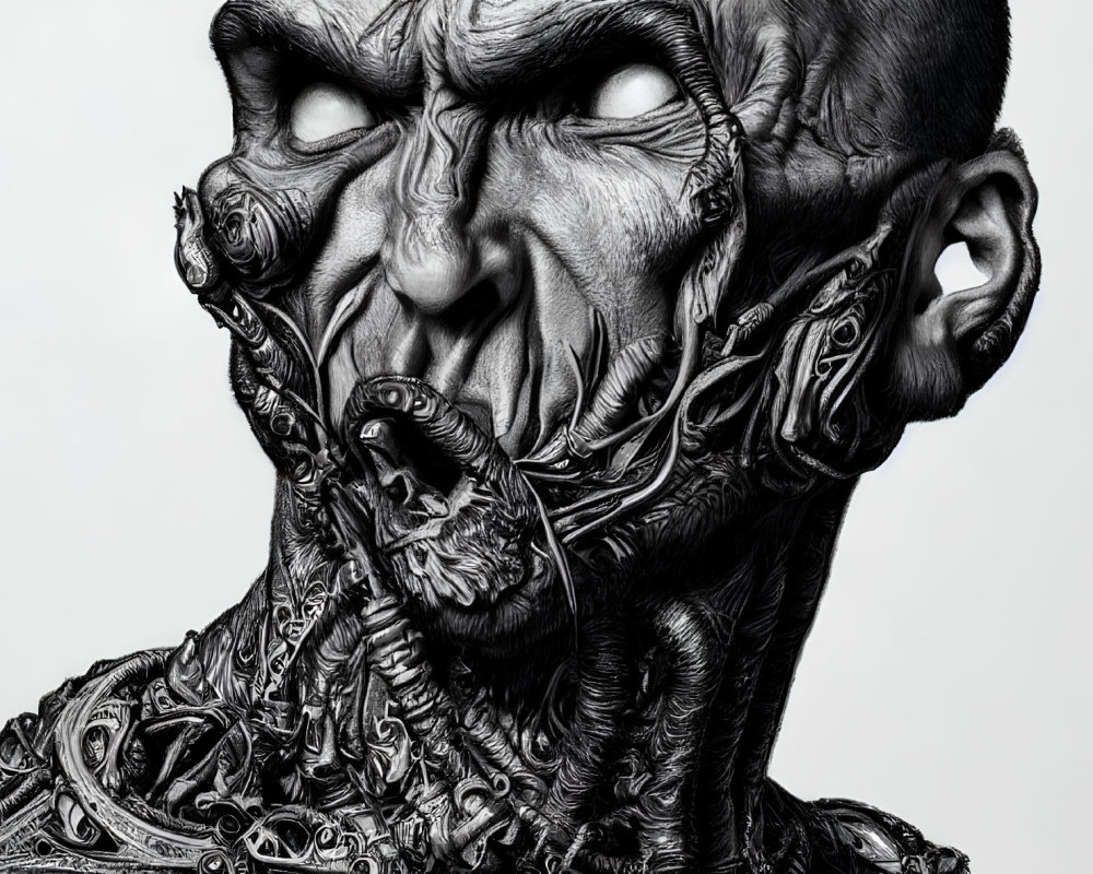 Detailed Monochrome Artwork: Distorted Humanoid Figure with Intricate Mechanical and Organic Textures
