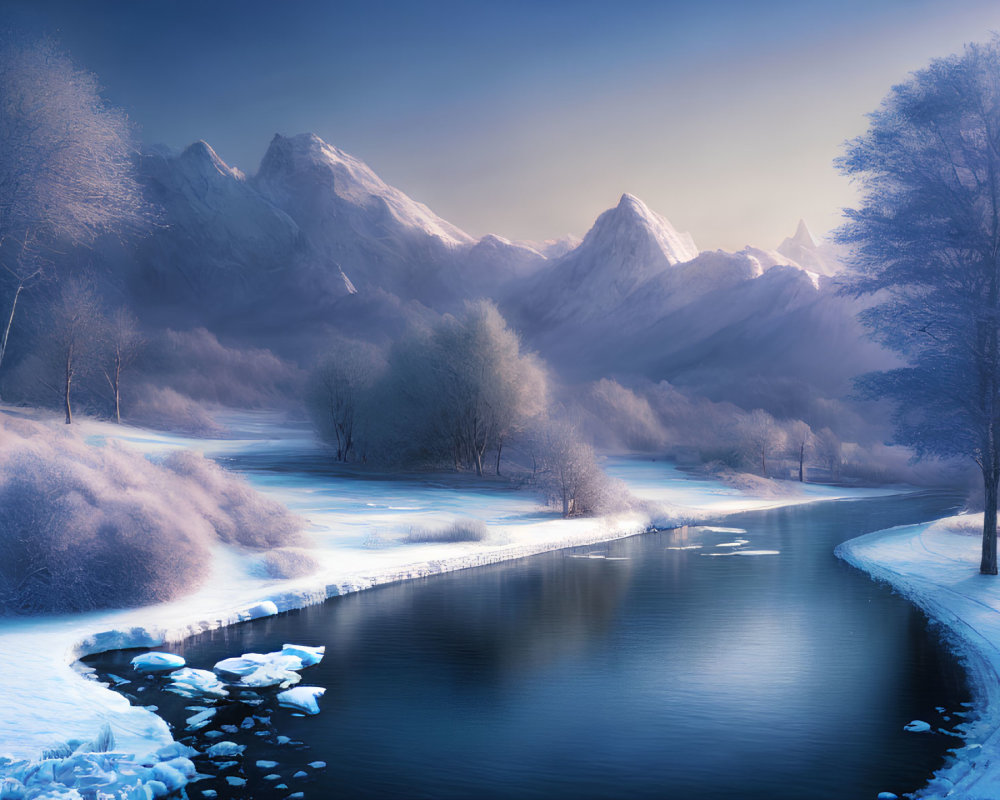 Snow-covered winter landscape with river, trees, and mountains