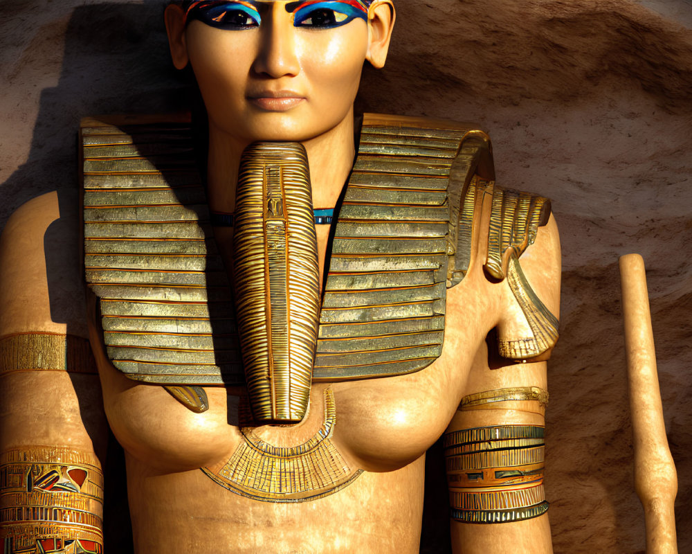 Detailed 3D-rendered Egyptian pharaoh statue with golden necklace and eye makeup on rocky backdrop