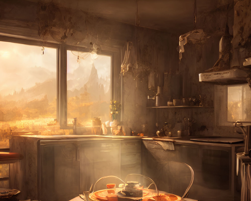 Sunlit Rustic Kitchen with Scenic View and Table Set for Two