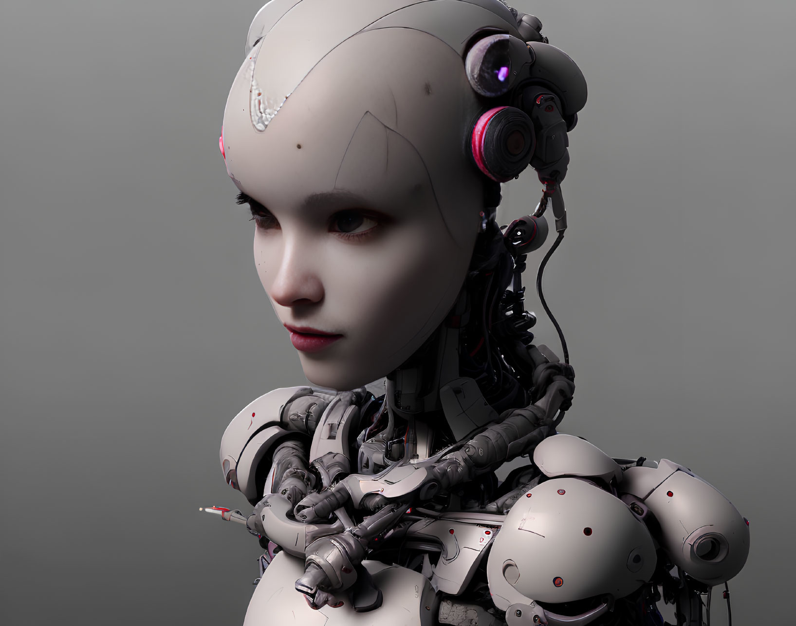 Detailed Female Android with Human-Like Face and Mechanical Body