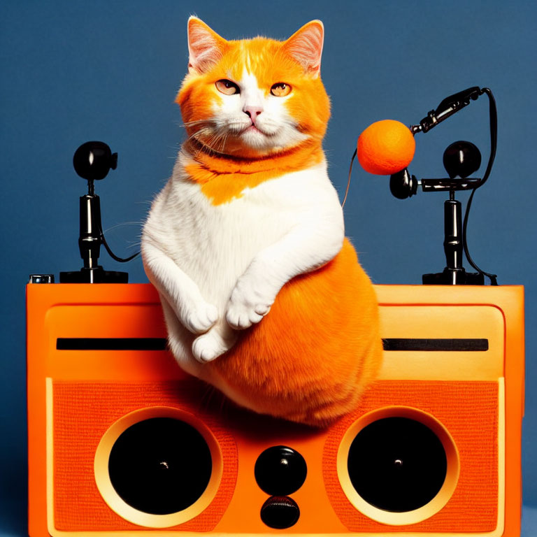 Orange and White Cat on Orange Boombox with Microphone and Headphones Against Blue Background
