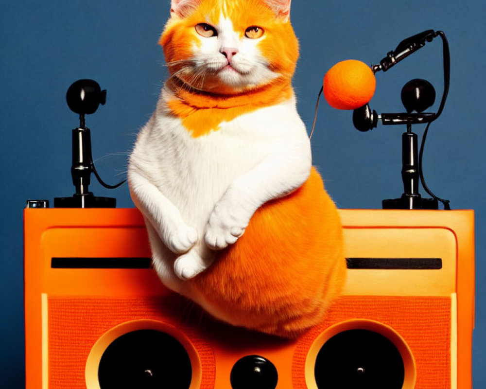 Orange and White Cat on Orange Boombox with Microphone and Headphones Against Blue Background