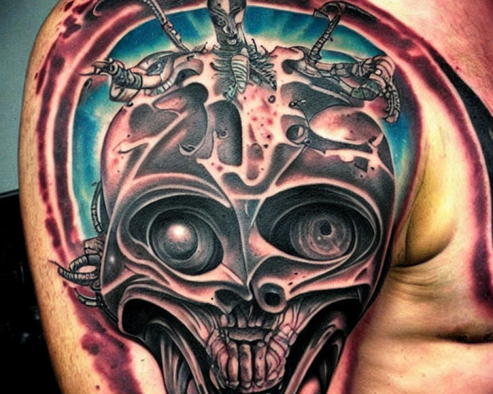 Detailed tattoo of menacing skull with alien bursting from forehead in red and blue hues