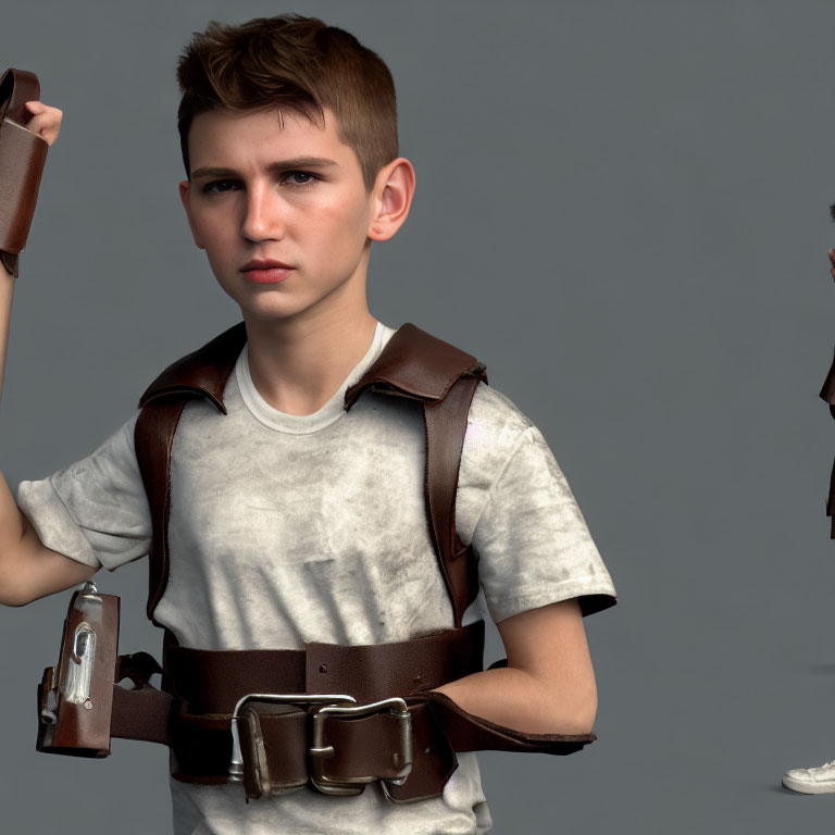 Young person with short hair holding a sword in leather harness and white t-shirt.