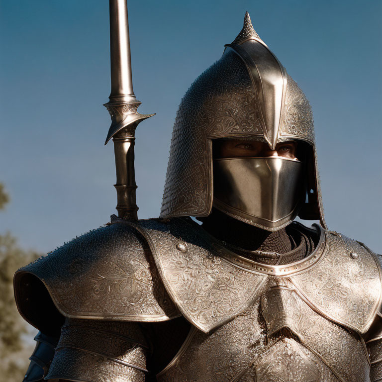 Medieval knight in full armor holding a spear under clear skies