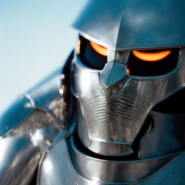 Shiny metallic armor helmet with glowing orange eyes on soft blue background