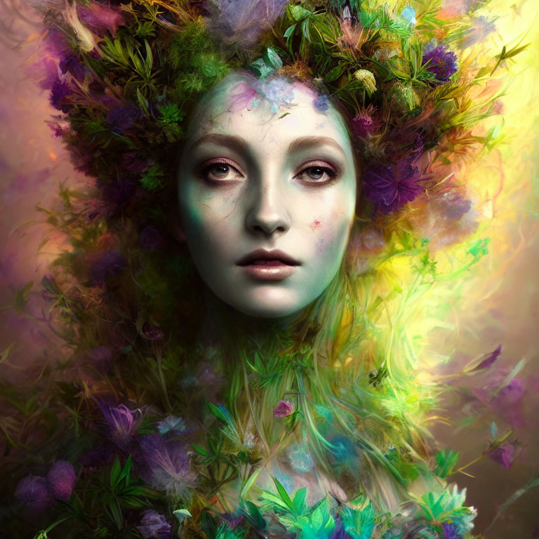 Fantasy-themed portrait with floral crown and colorful misty foliage.