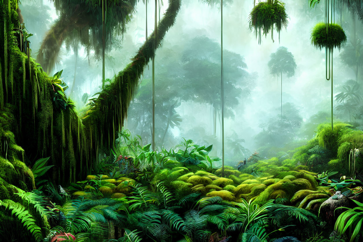 Lush Green Forest with Hanging Vines and Misty Atmosphere