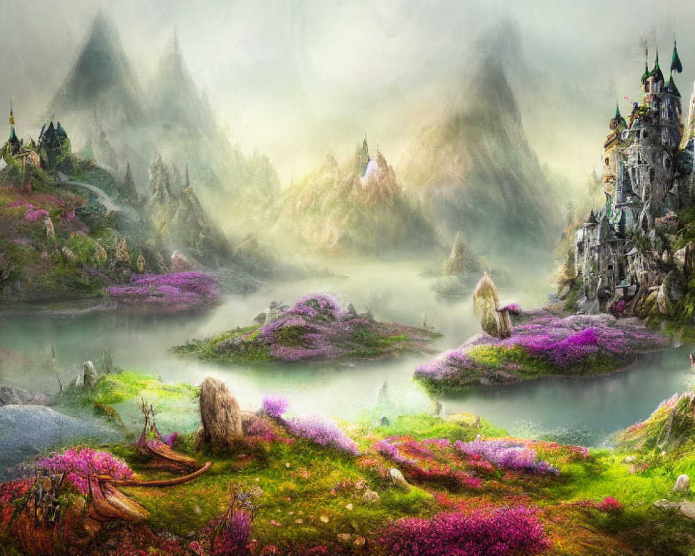 Mystical landscape with misty mountains, castle, purple flora, lakes