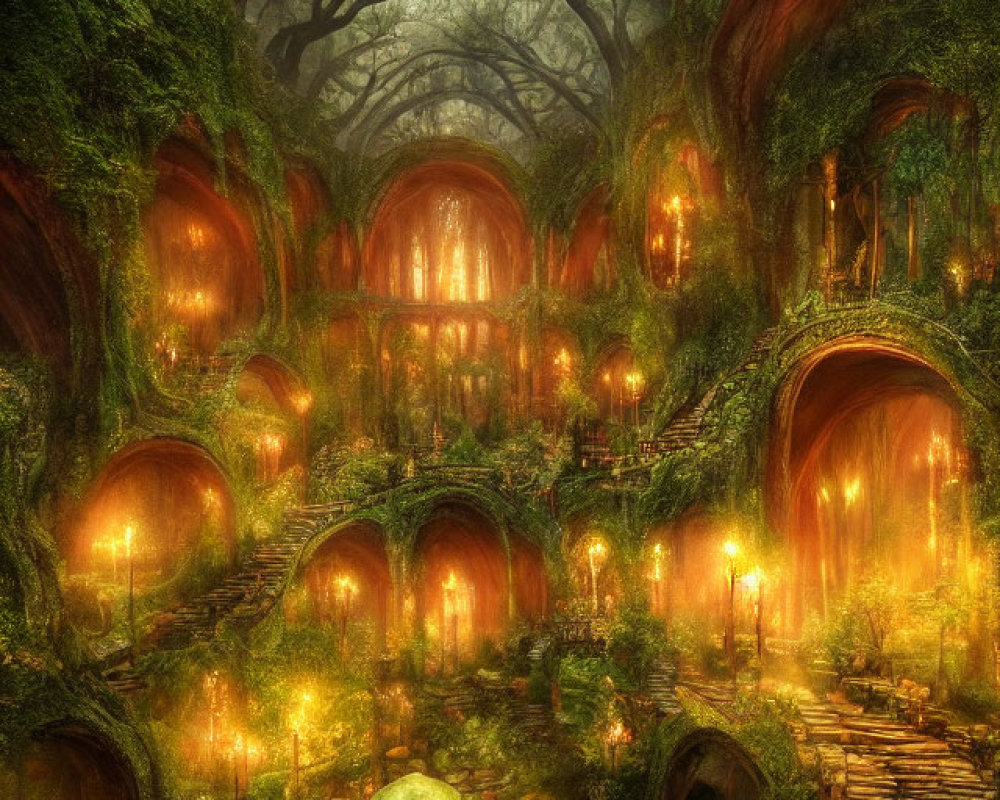 Glowing hobbit-like homes in enchanted forest with stone pathways