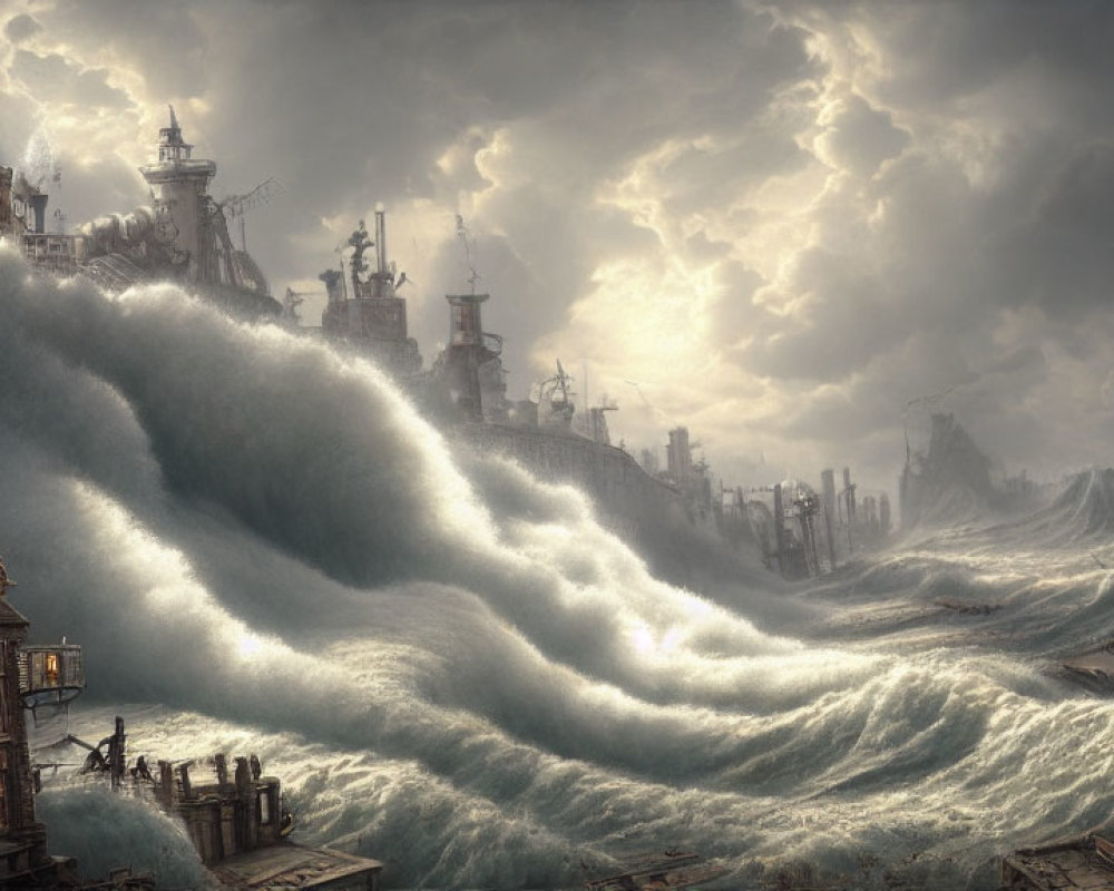 Fantasy scene: Ships on massive waves under stormy sky