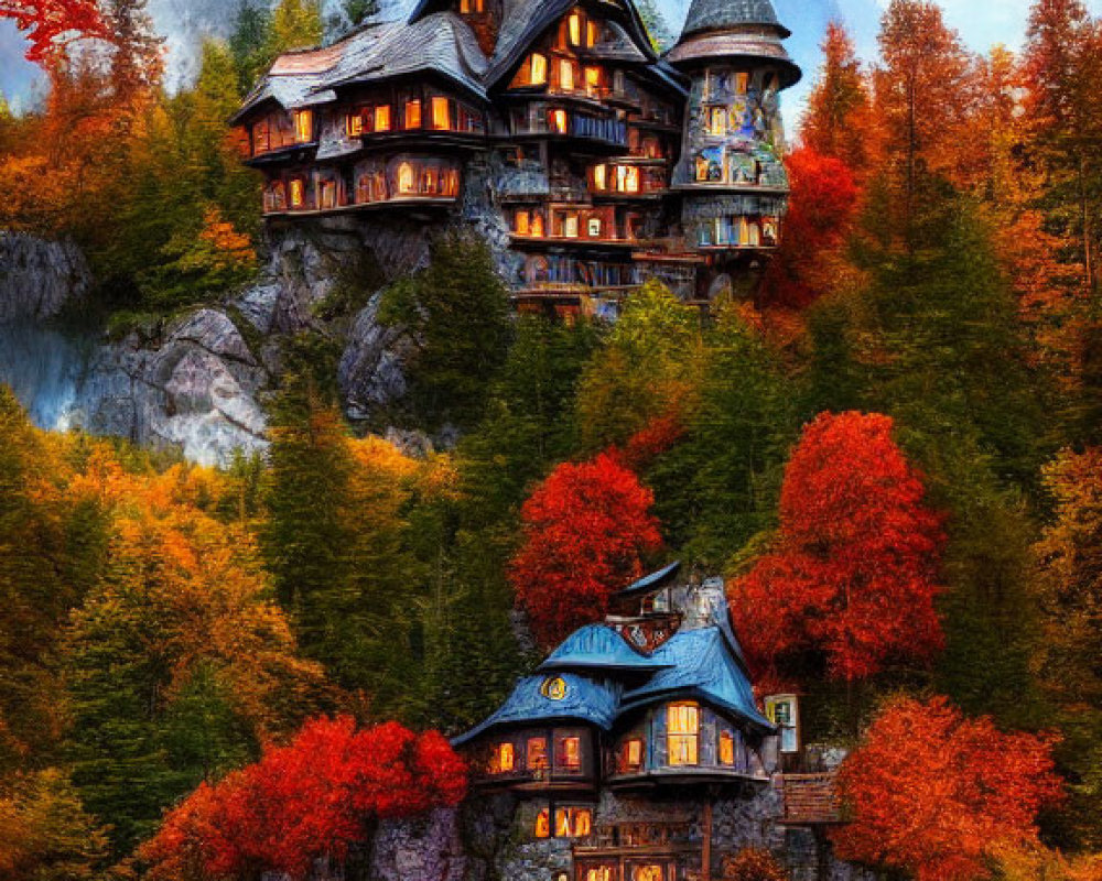 Intricate Architecture of Enchanting Mansion in Autumn Forest