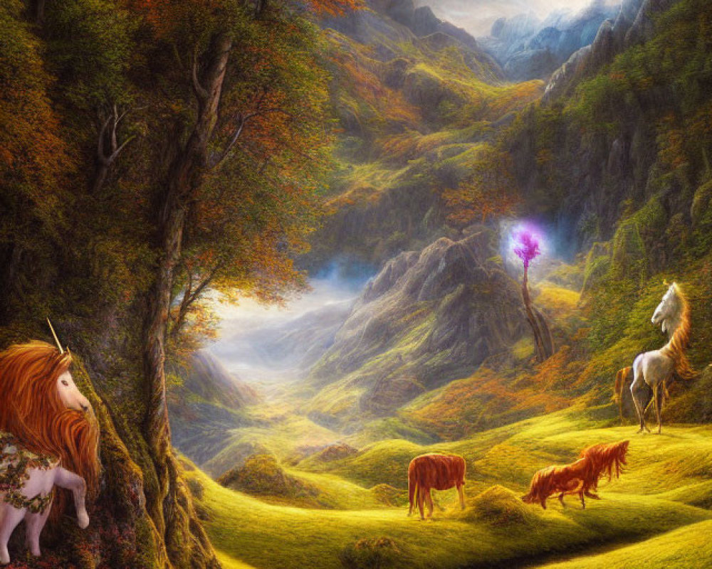 Fantastical landscape with girl, unicorns, lush trees, and gentle stream