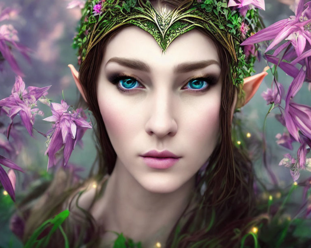 Female Elf Portrait with Blue Eyes, Pointed Ears, Leaf Crown, Purple Flowers