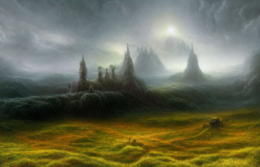 Mystical landscape with towering rock formations and green hills under hazy sun