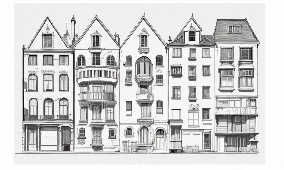 Detailed black & white architectural drawing of European-style buildings with distinct facades, windows, and balconies