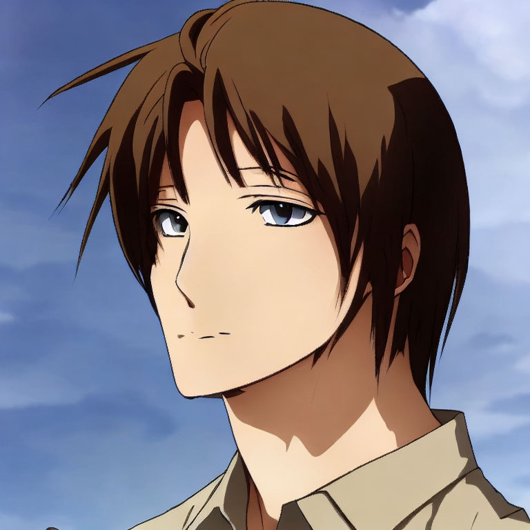 Anime character with brown hair and blue eyes in tan shirt on blue sky background