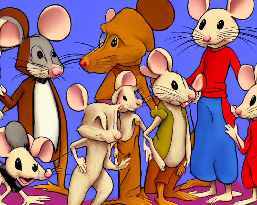 Anthropomorphic mice in colorful attire on blue background