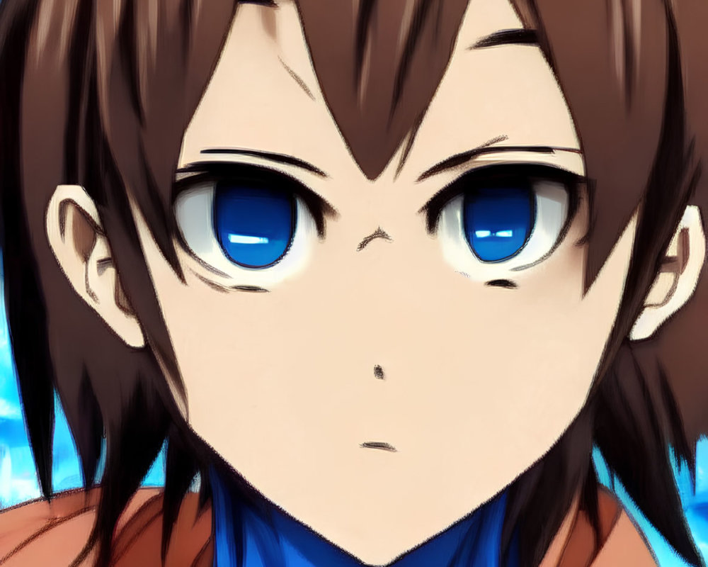 Anime character with short brown hair and large blue eyes in blue shirt and orange jacket on blue background.