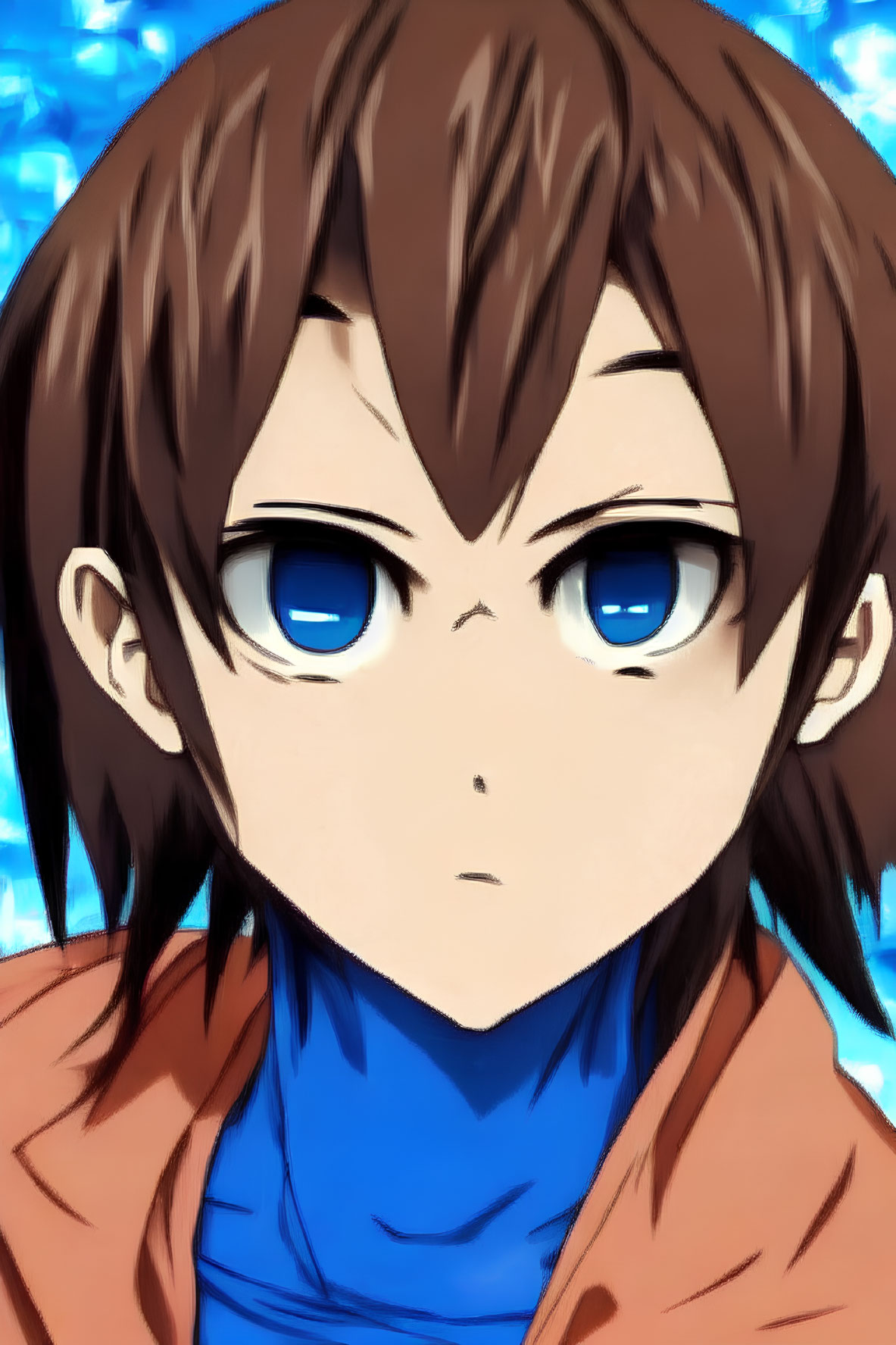 Anime character with short brown hair and large blue eyes in blue shirt and orange jacket on blue background.