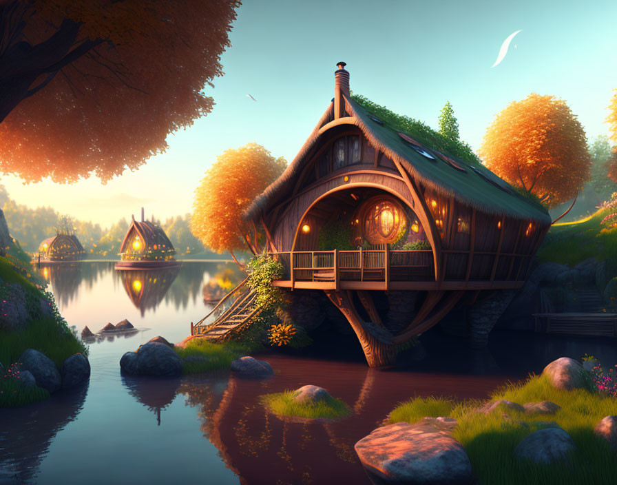 Round Cottage by Tranquil Lake Surrounded by Autumn Trees