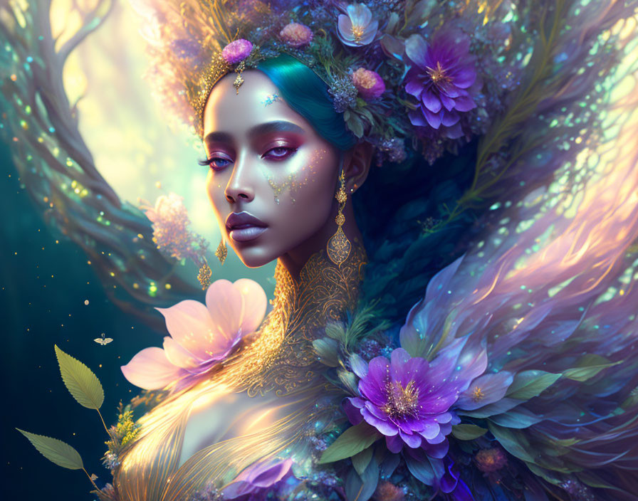 Vibrant digital artwork: woman with flora and fauna motifs
