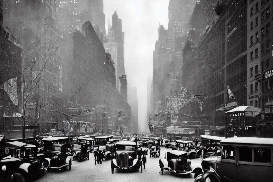 Vintage photograph of bustling city street with old-fashioned cars and towering buildings in mist.