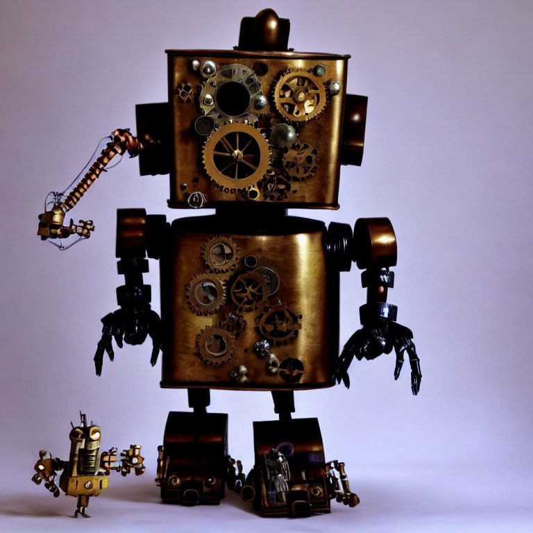 Steampunk-style robot with gears holding smaller robot on neutral background
