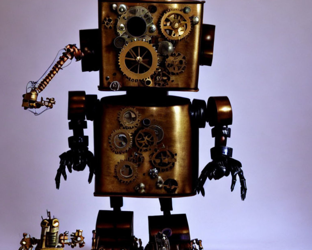 Steampunk-style robot with gears holding smaller robot on neutral background