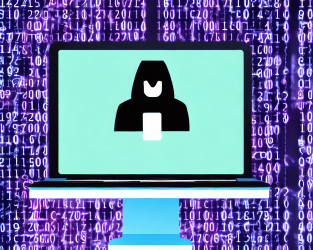 Hooded figure on laptop screen with binary code background