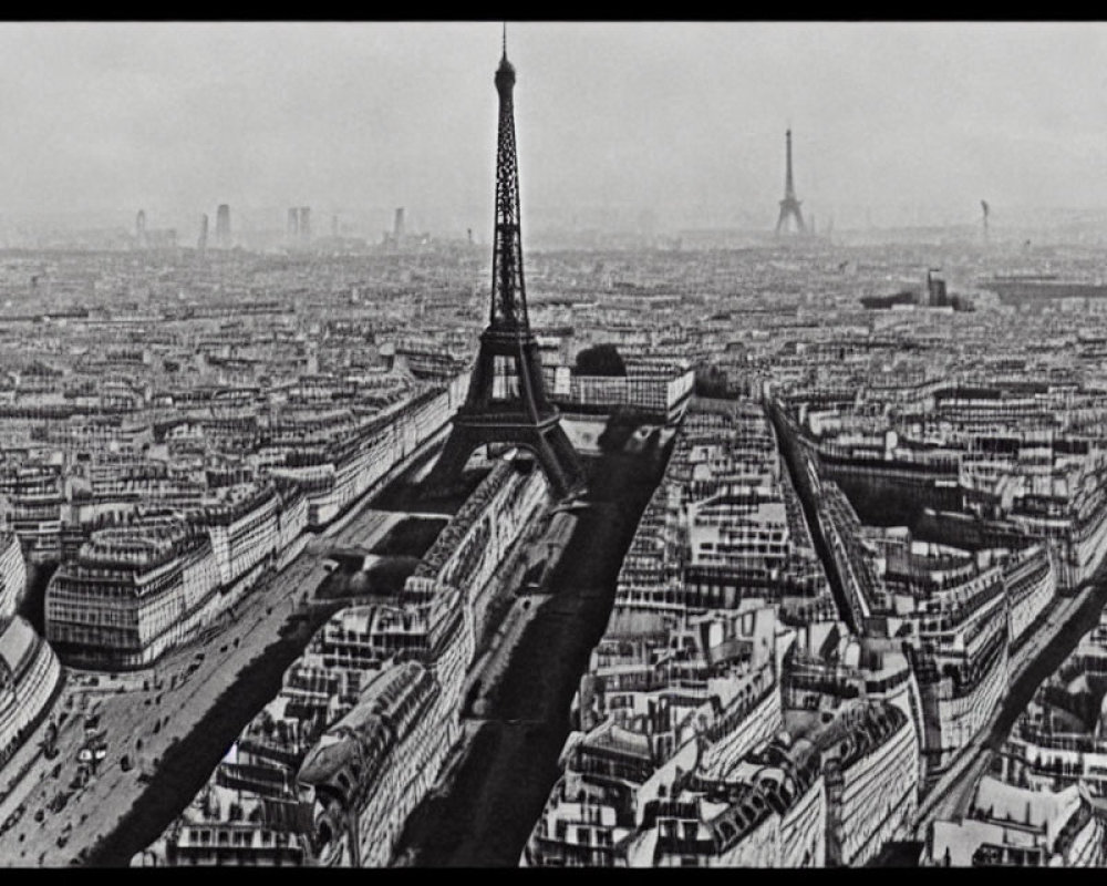 Monochrome aerial view of Paris with Eiffel Tower and city streets