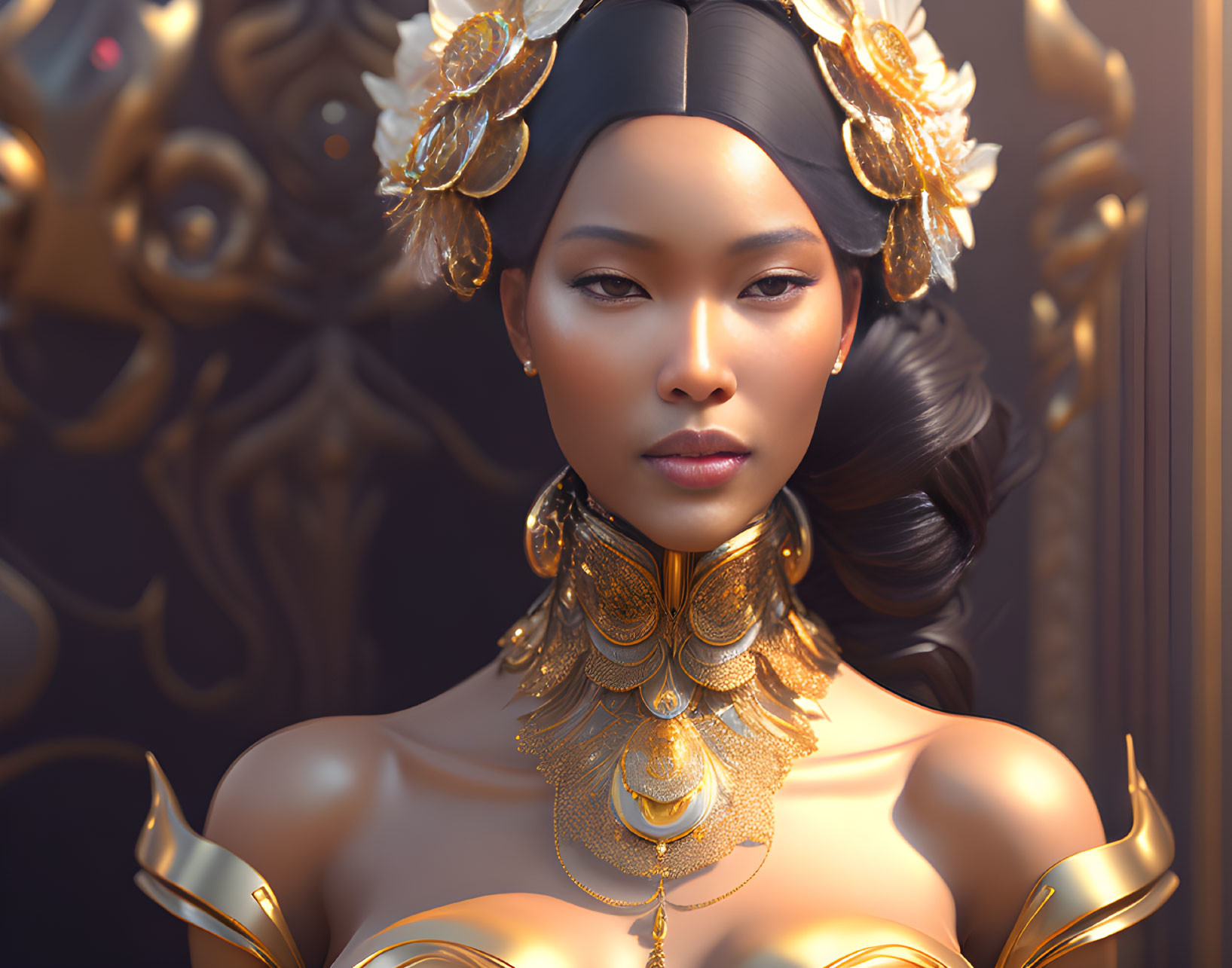 Elaborate Golden Jewelry Adorns Woman in Digital Portrait
