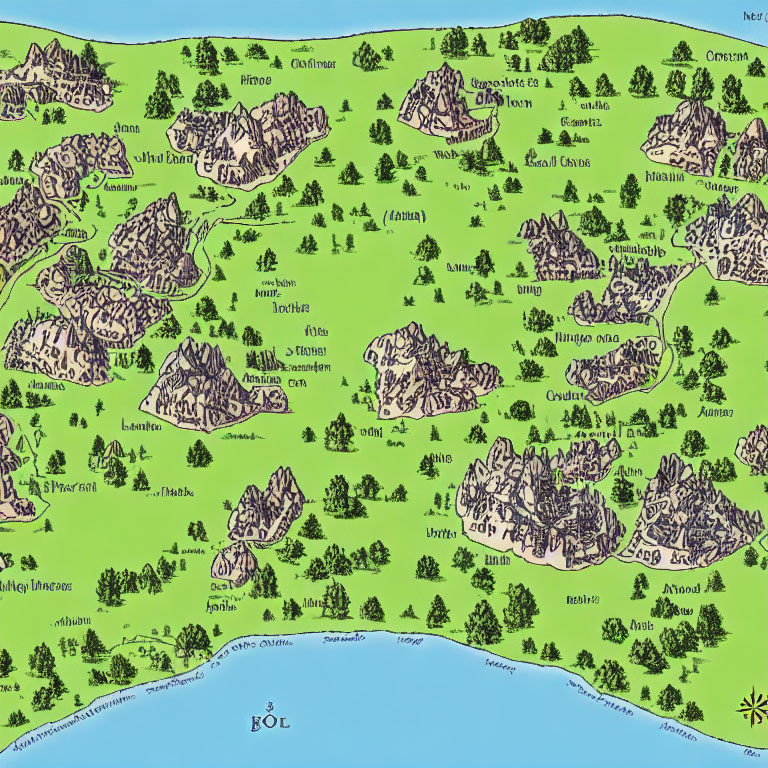Detailed hand-drawn fantasy map with colorful regions, mountains, and whimsical names.
