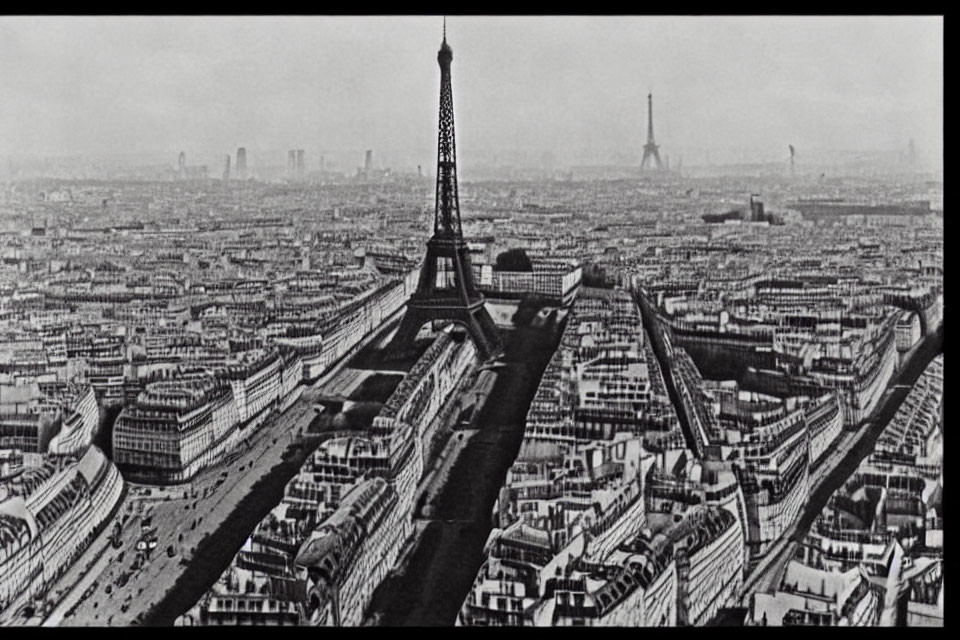 Monochrome aerial view of Paris with Eiffel Tower and city streets