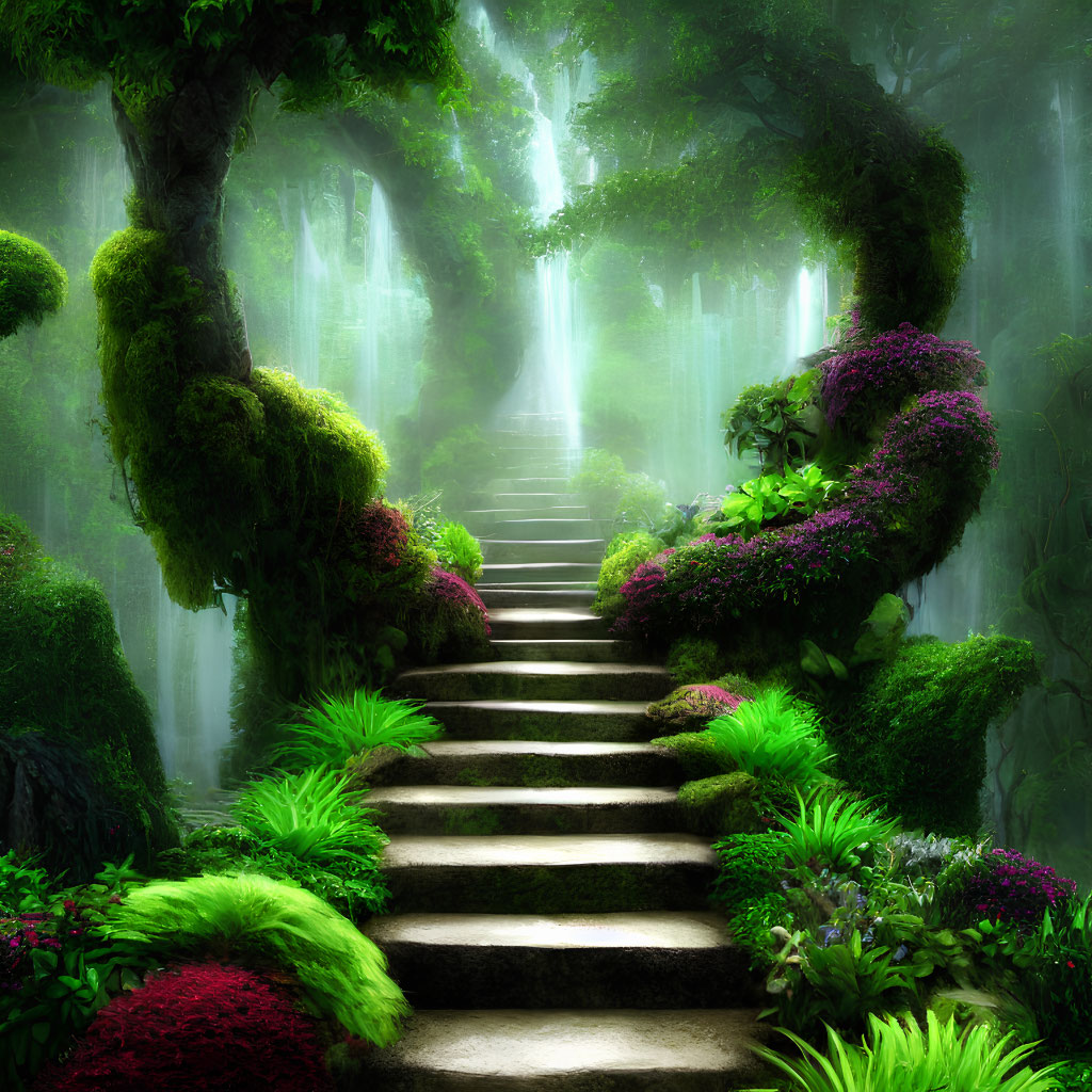 Mystical forest scene with stone staircase, lush greenery, purple flowers, ethereal light,