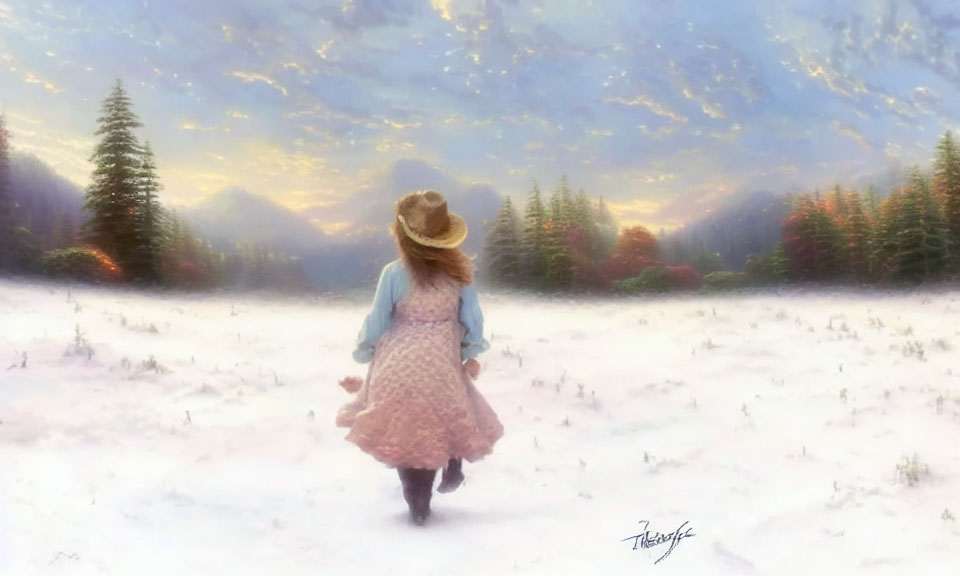 Girl in dress and hat walking in snowy field towards forest under soft glowing sky
