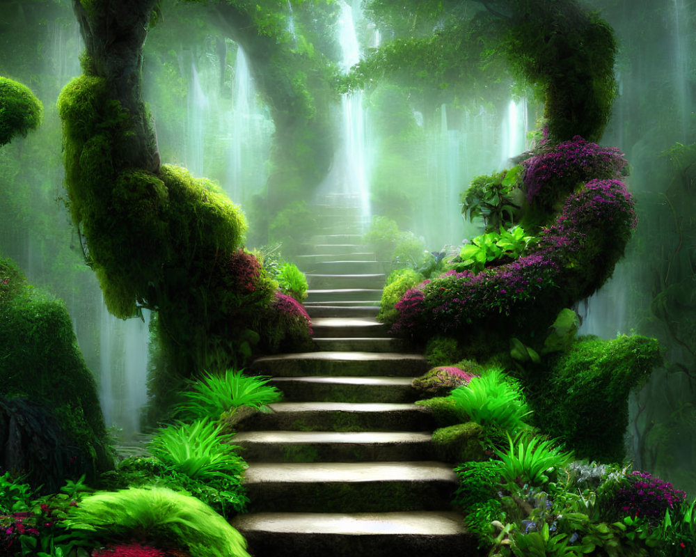 Mystical forest scene with stone staircase, lush greenery, purple flowers, ethereal light,