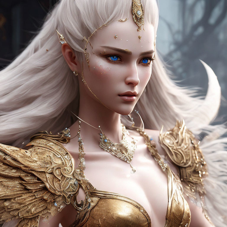 Fantasy female character with white hair, blue eyes, gold jewelry, ornate armor, and wing