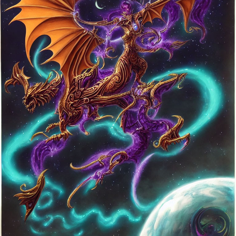 Majestic purple and gold dragon in cosmic scene