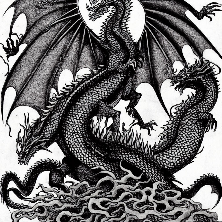 Detailed black and white illustration of multi-headed dragon on rocky outcrop under full moon