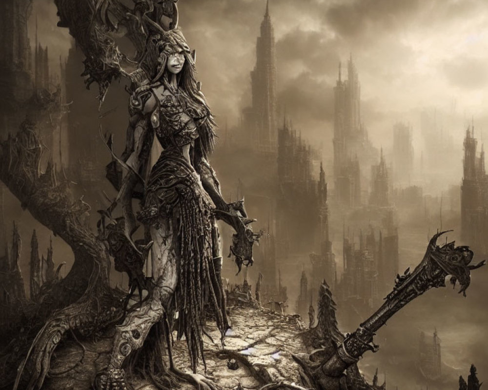Monochrome fantasy artwork of warrior woman in elaborate armor and staff, in gothic landscape.