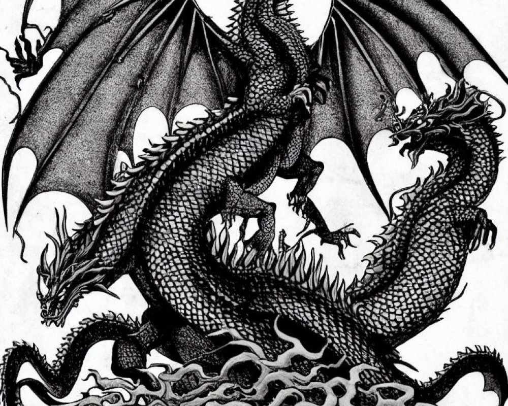 Detailed black and white illustration of multi-headed dragon on rocky outcrop under full moon