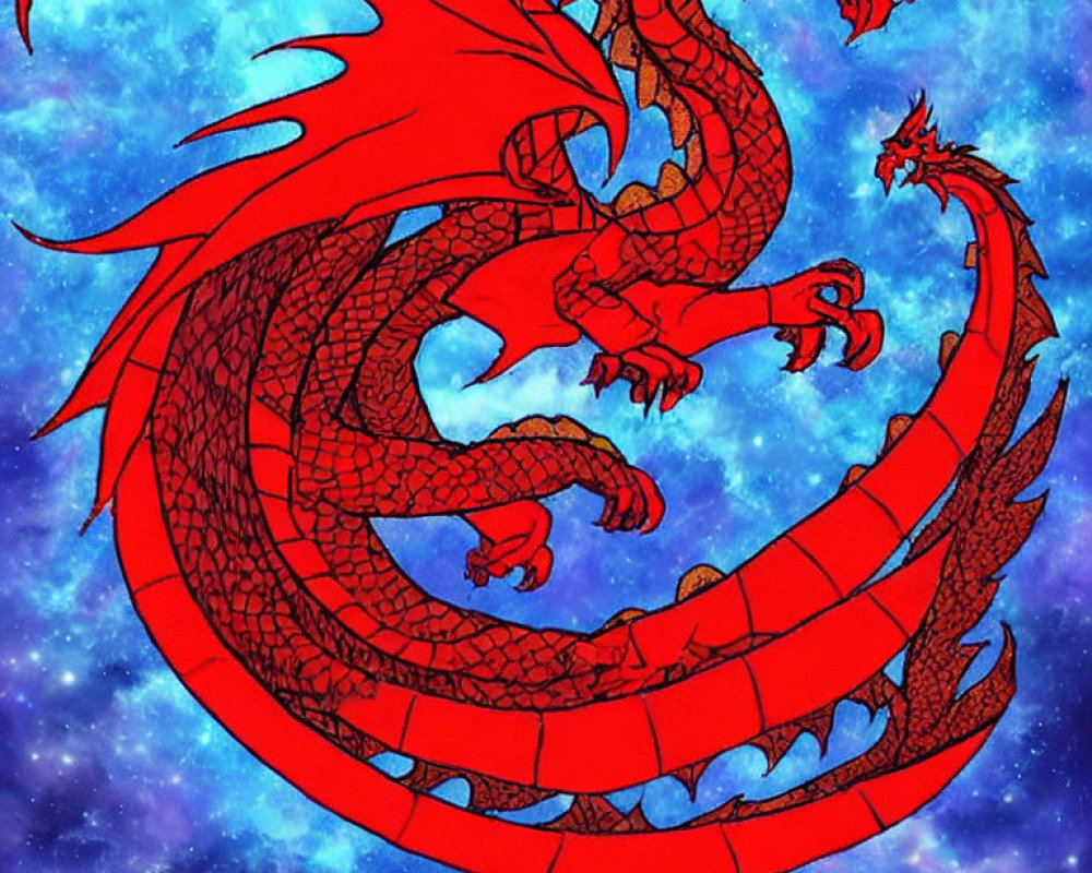Vibrant red dragon with multiple heads in cosmic flight